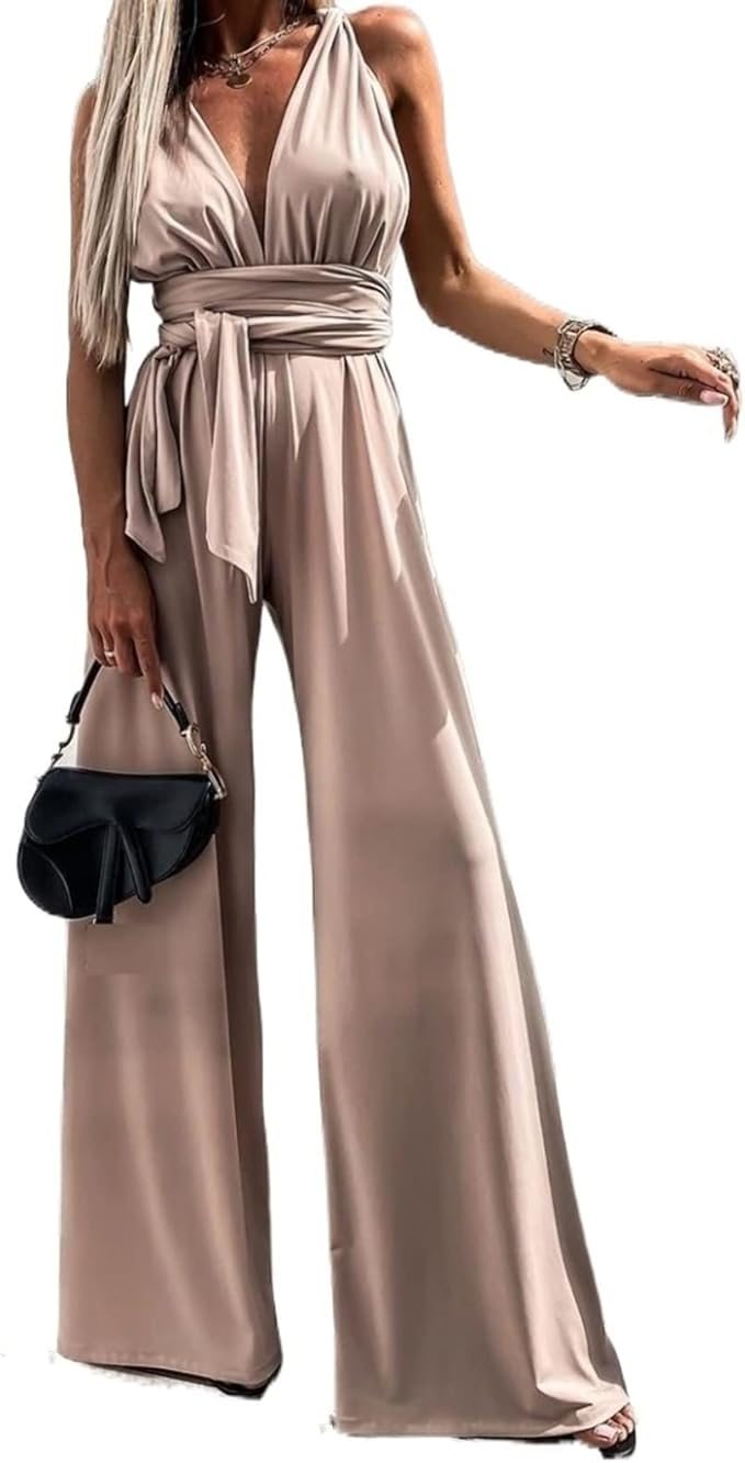 Womens Cross Back Tie Waist Sleeveless Jumpsuit Deep V Neck Wide Leg Jumpsuits