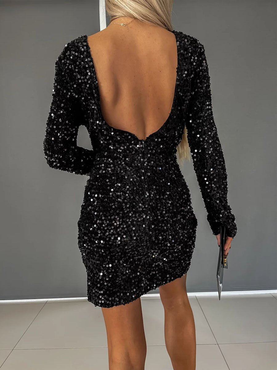 Sequin Round Neck Sexy Backless Hip Dress