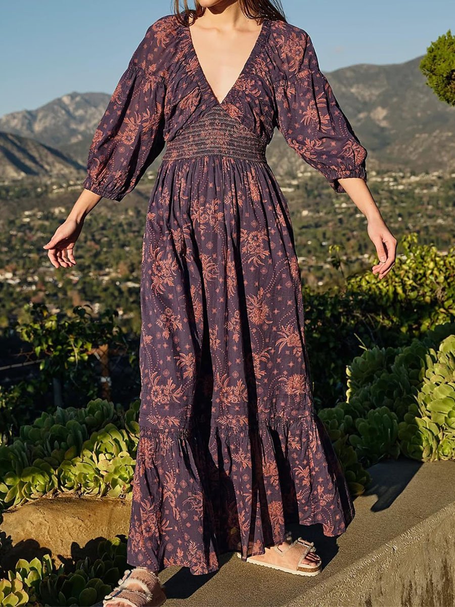 Printed V Neck Bubble Sleeve Maxi Dress