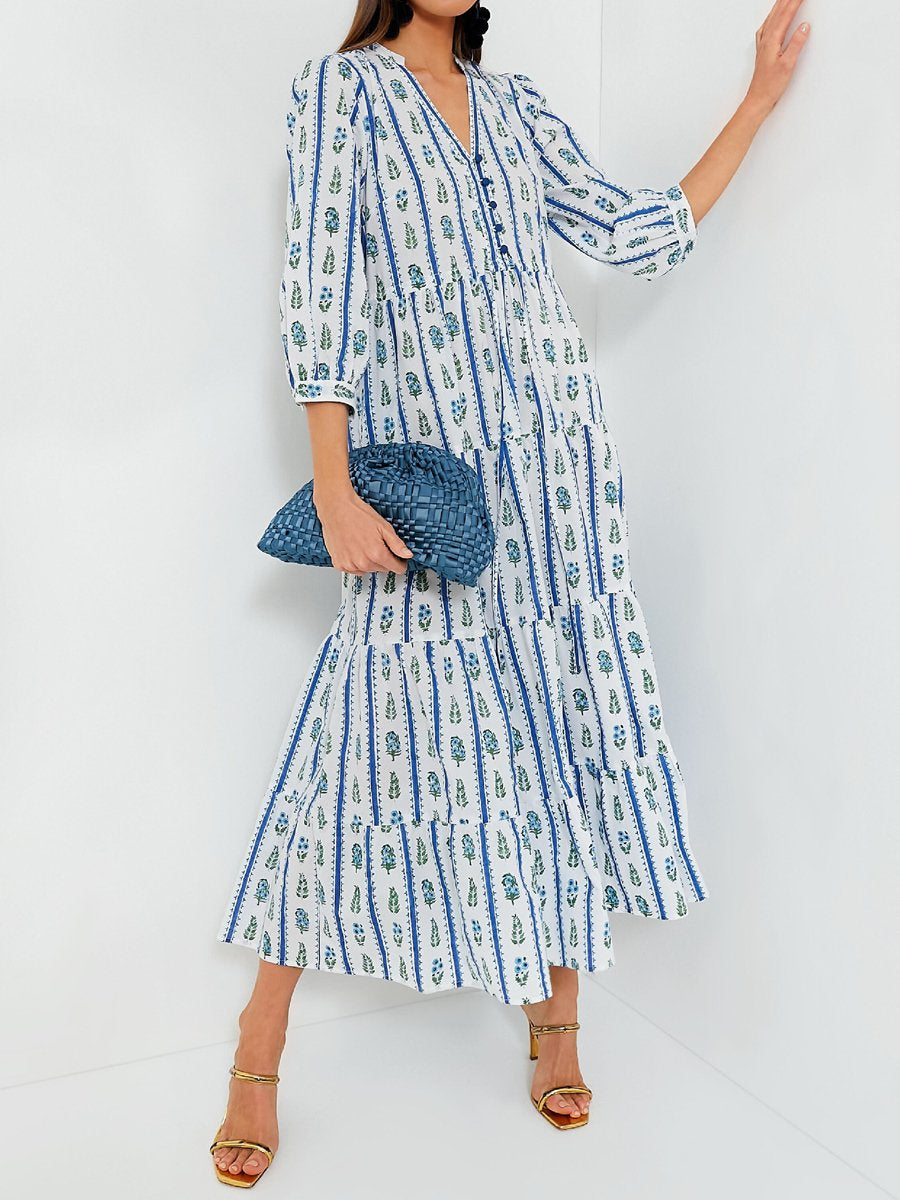 V Neck Printed Cotton Maxi Dress