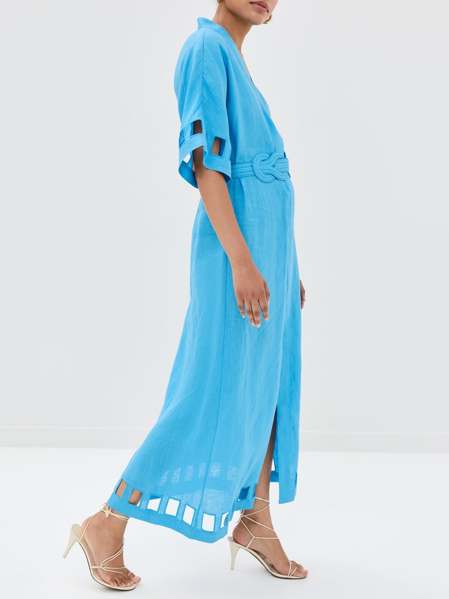 Hollowed Out V Neck Belted Slit Hem Dress