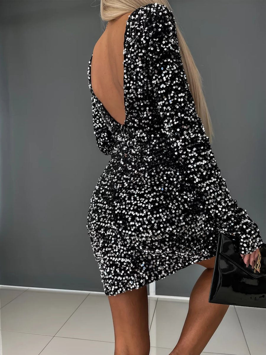 Sequin Round Neck Sexy Backless Hip Dress