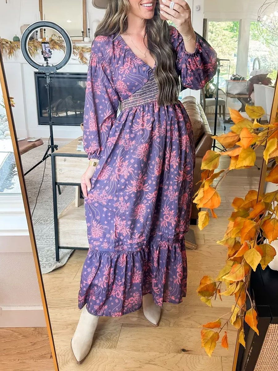 Printed V Neck Bubble Sleeve Maxi Dress