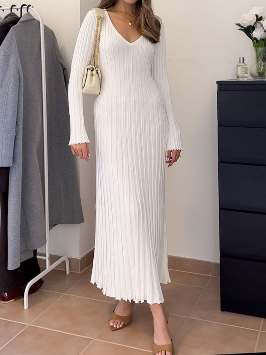 Casual V Neck Ribbed Knitted Dress