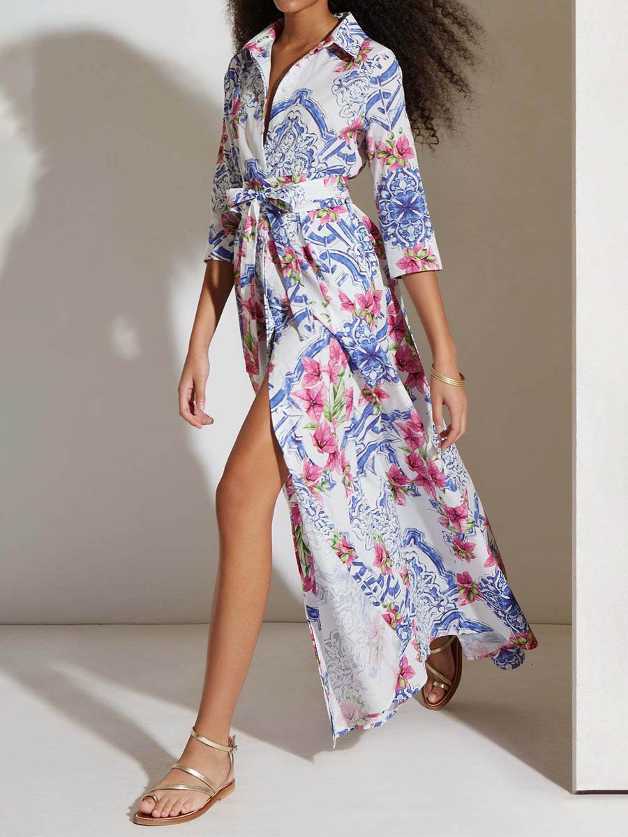 Printed Belt Maxi ShirtDress