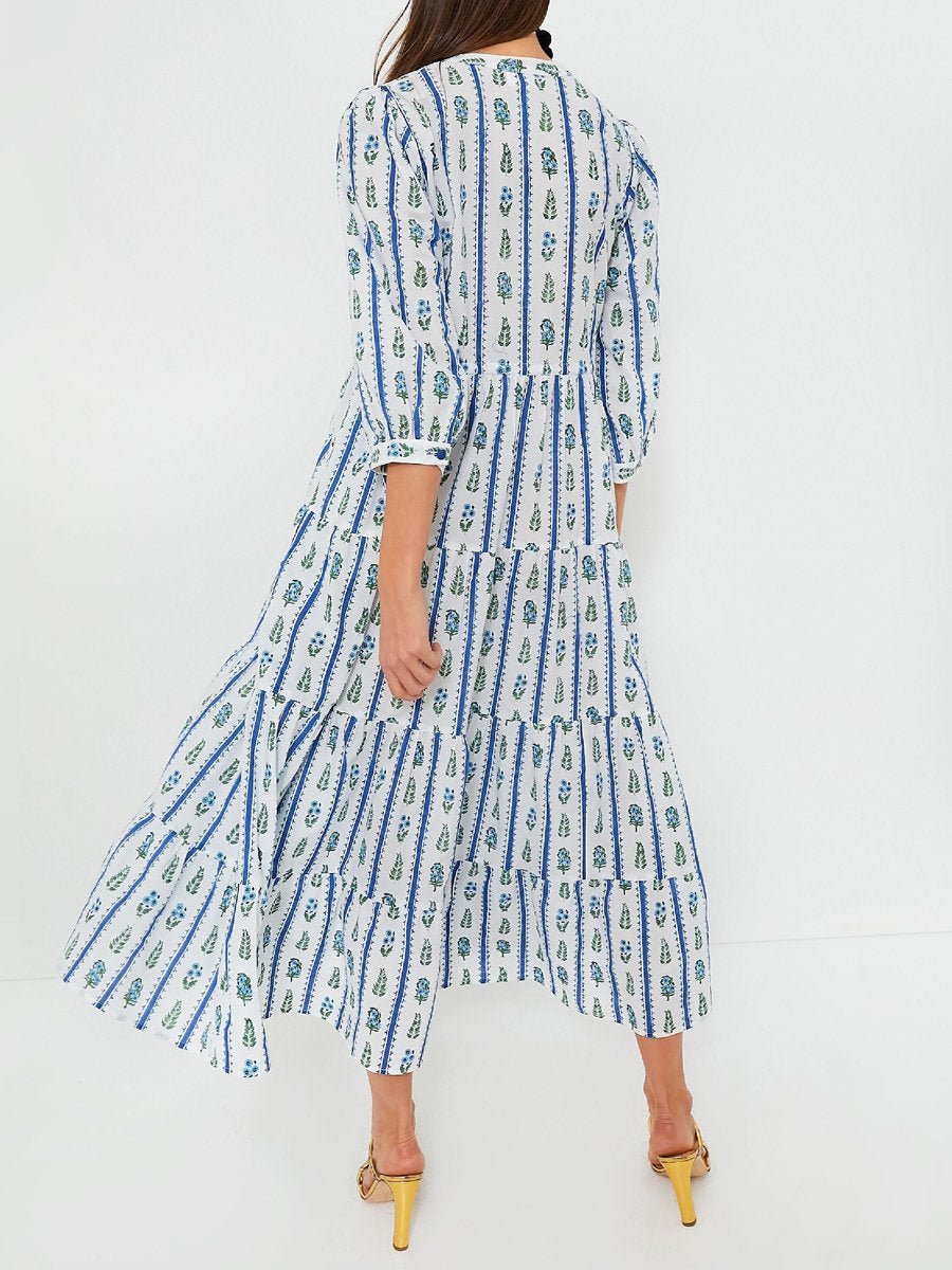 V Neck Printed Cotton Maxi Dress