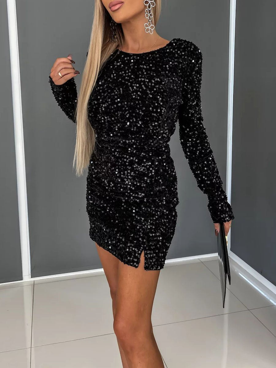 Sequin Round Neck Sexy Backless Hip Dress