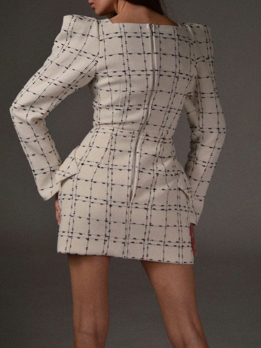 Fashion Square Collar Plaid Long Sleeve Dress