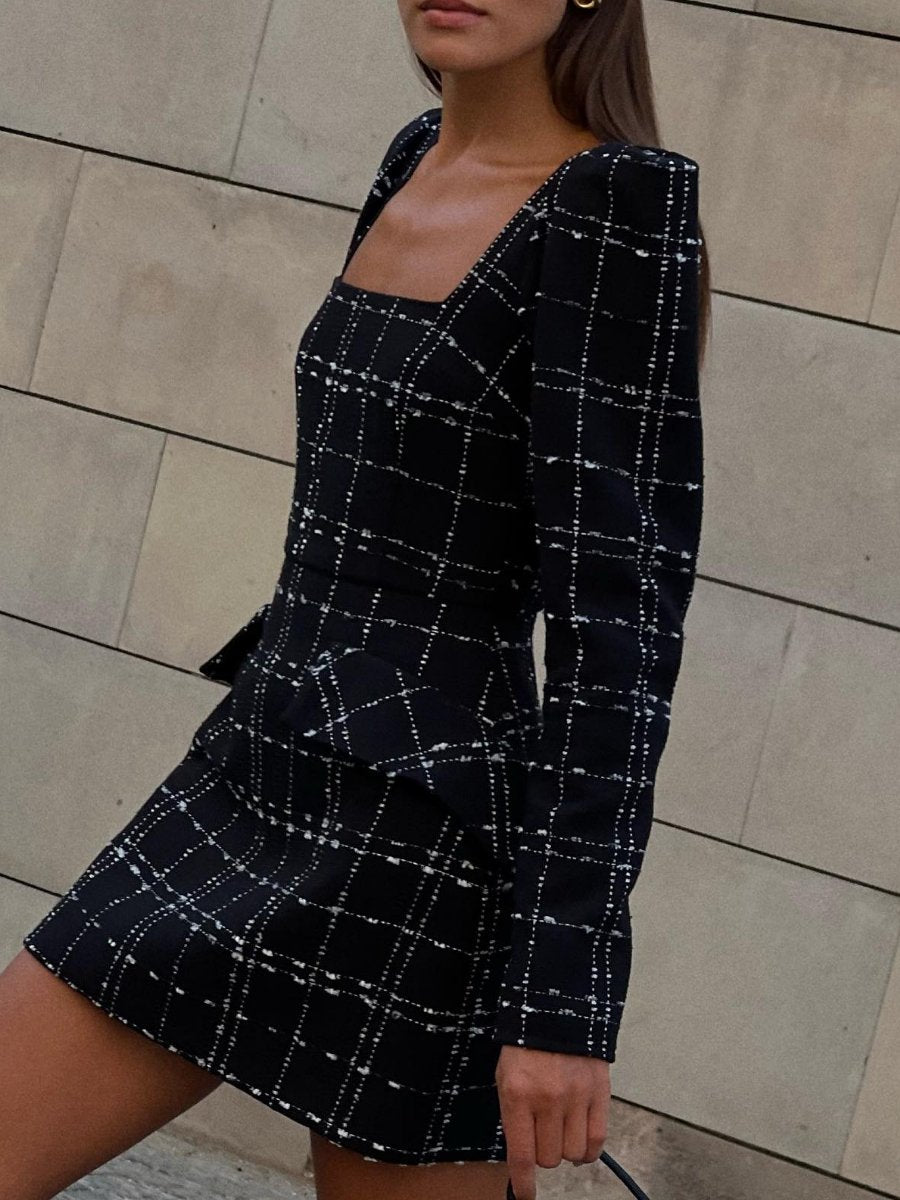 Fashion Square Collar Plaid Long Sleeve Dress