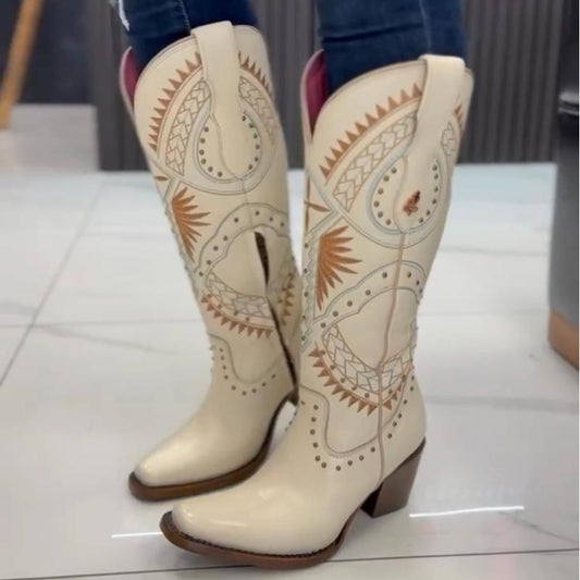 Women's Western Cowboy Booties With Chunky Heels And Pointed Toe