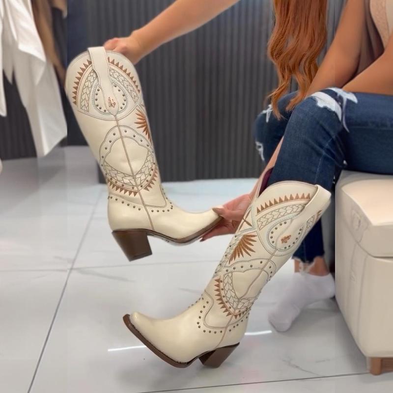 Women's Western Cowboy Booties With Chunky Heels And Pointed Toe