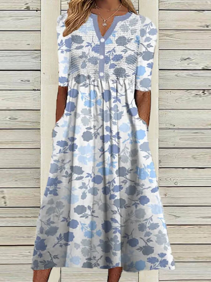 Blue Short Sleeve Floral Print Dress