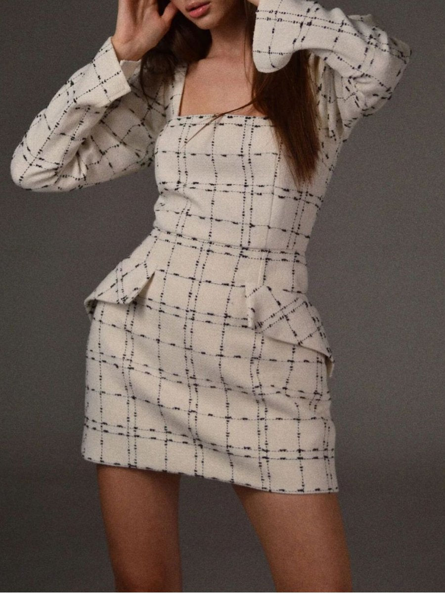 Fashion Square Collar Plaid Long Sleeve Dress