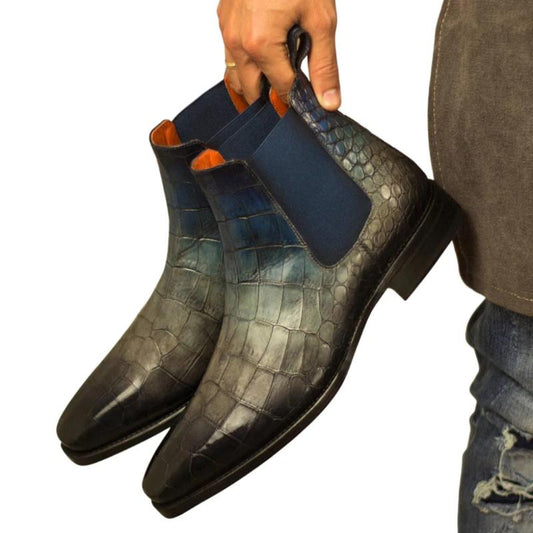 MEN'S AZURE BLUE RAIN GREY AND ONYX BLACK CROCO PRINT CHELSEA BOOT