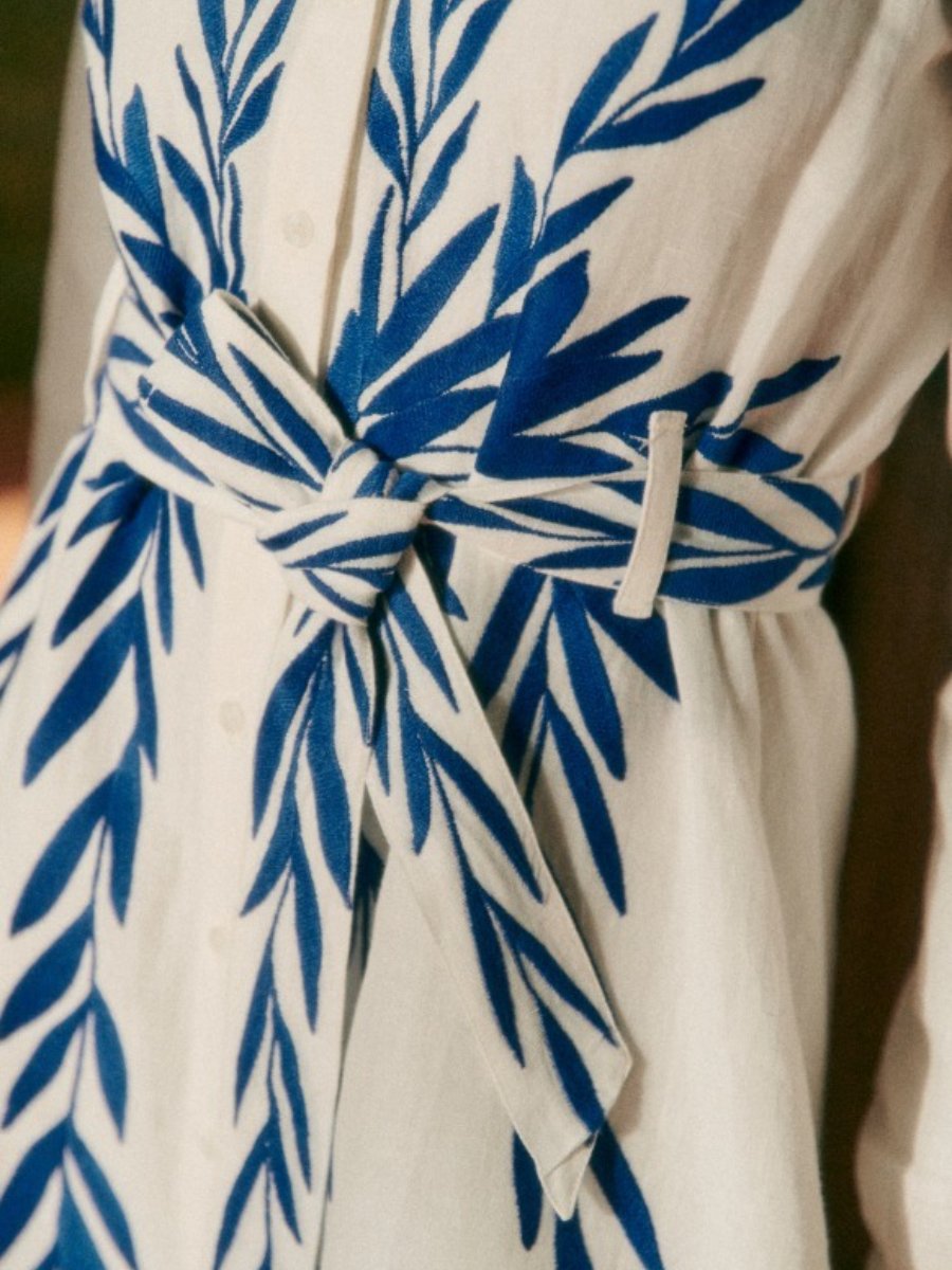 Navy Blue Leaf Embroidered Dress