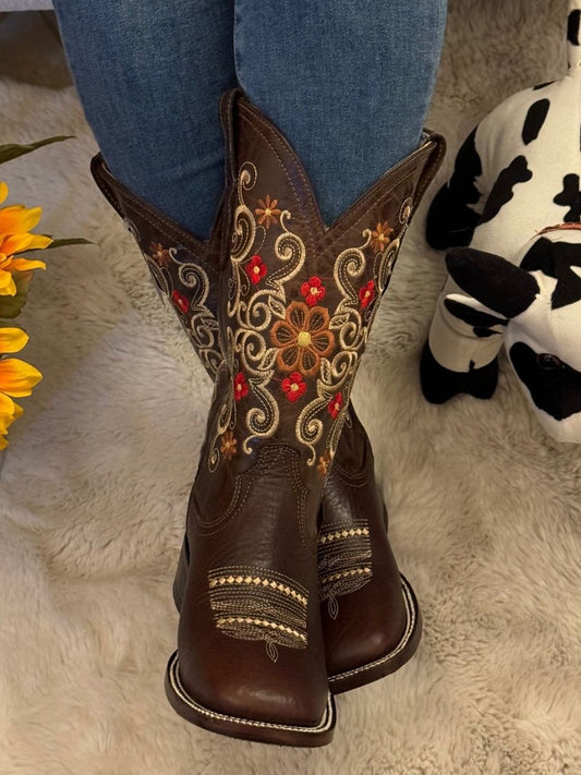 Western Cowboy Women's Embroidered Flower Cowboy Boots