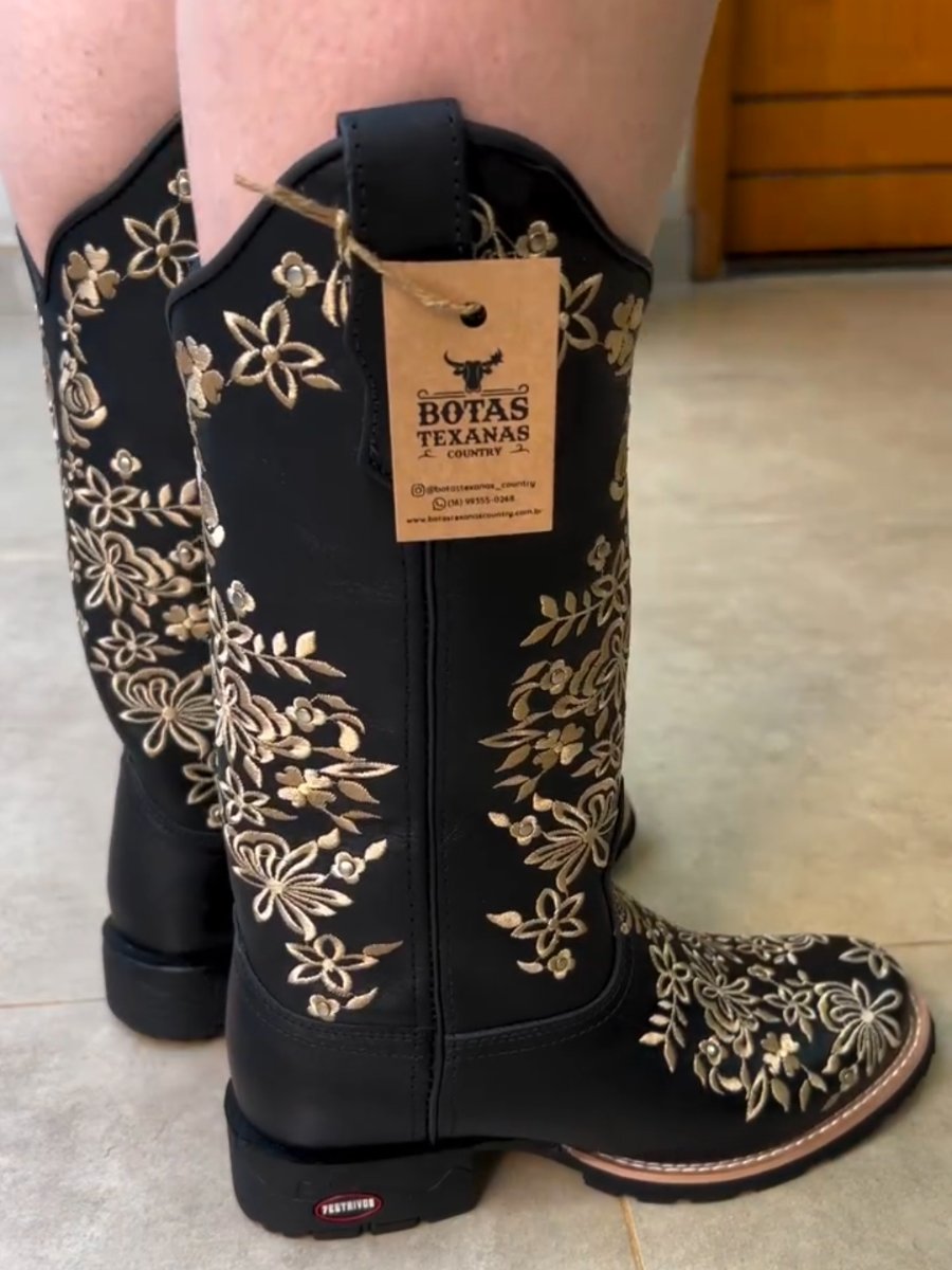 Western Cowboy Women's Embroidered Floral Boots - Black