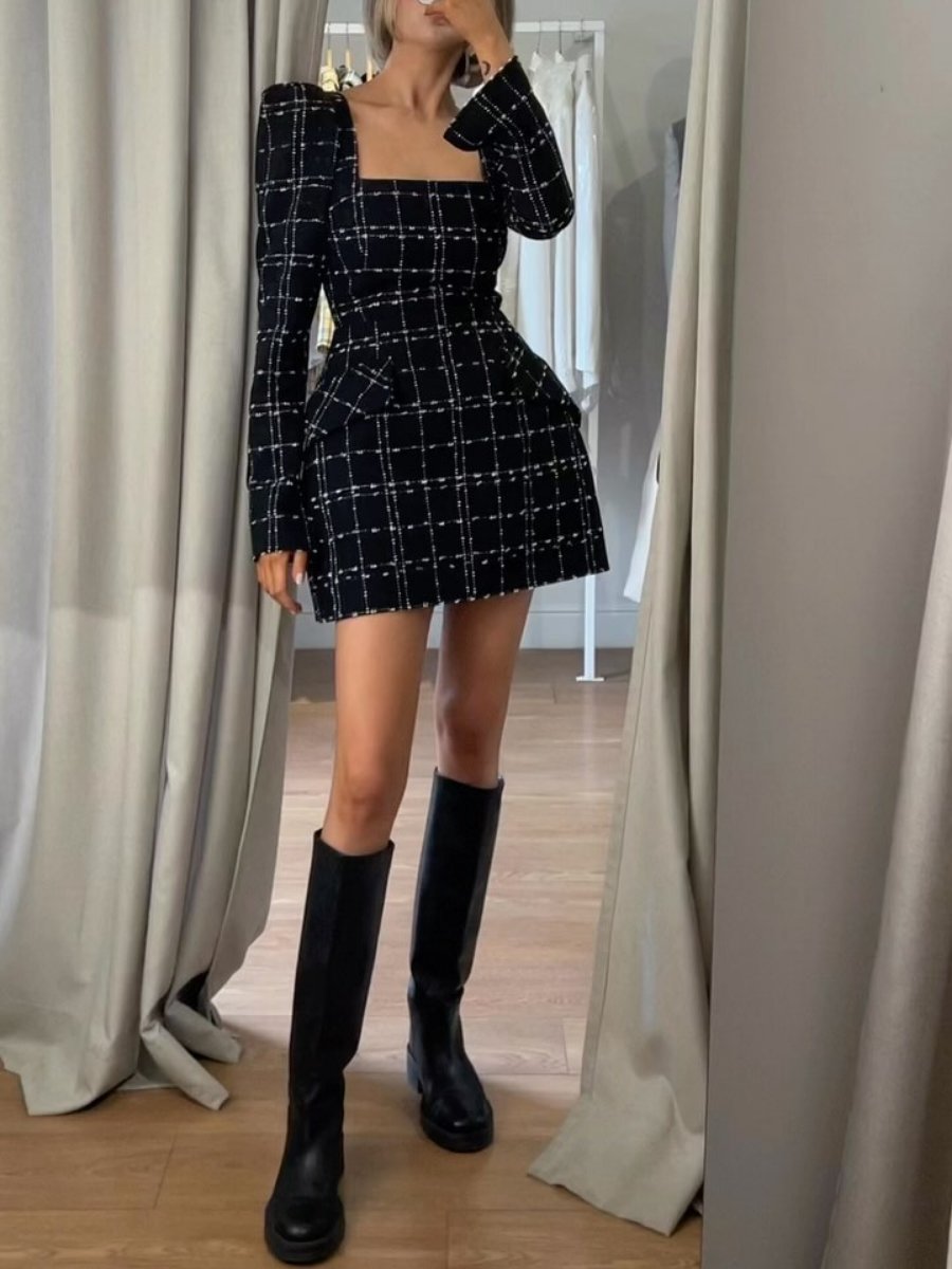 Fashion Square Collar Plaid Long Sleeve Dress