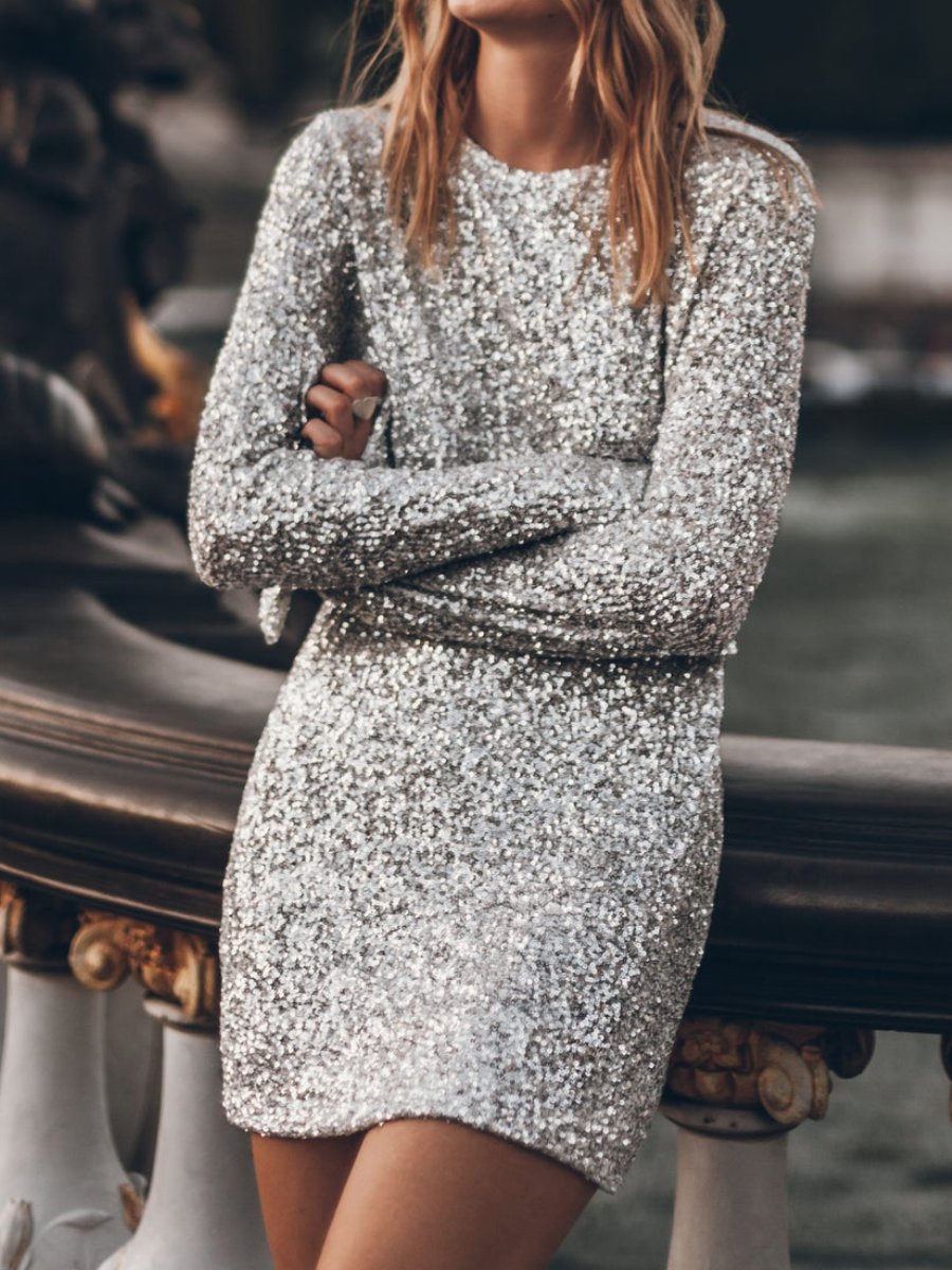 Sequined Glitter Backless Long Sleeve Dress