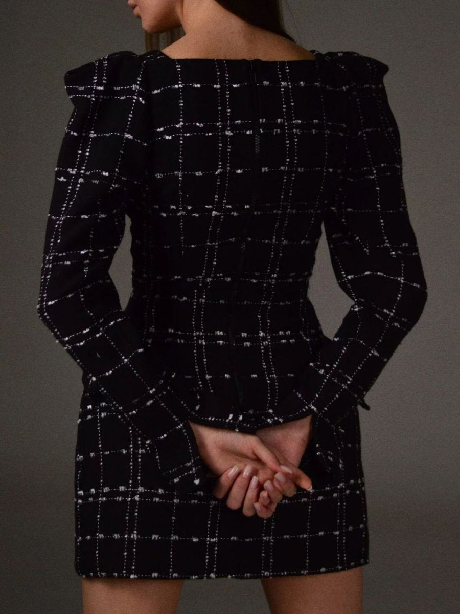 Fashion Square Collar Plaid Long Sleeve Dress