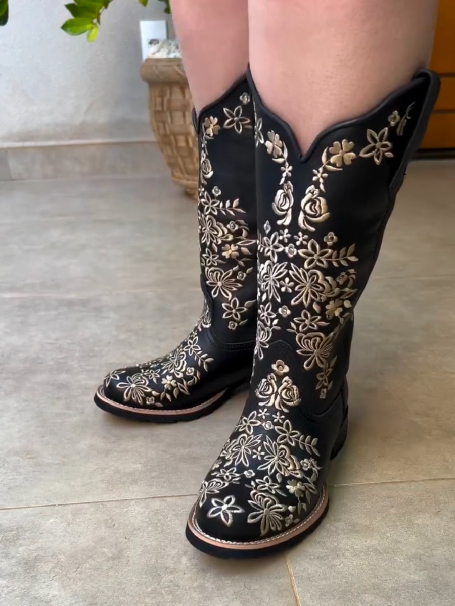 Western Cowboy Women's Embroidered Floral Boots - Black