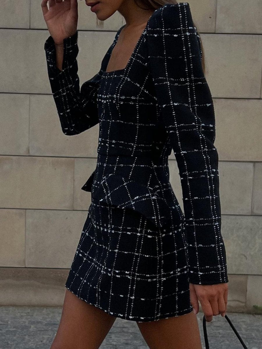 Fashion Square Collar Plaid Long Sleeve Dress