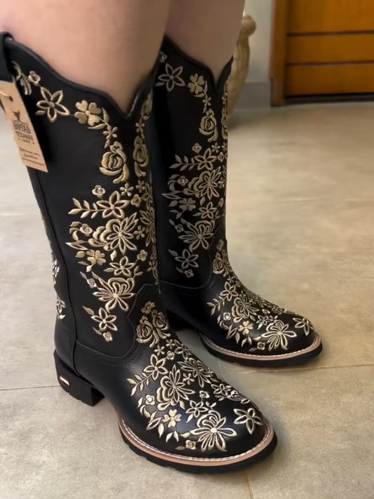 Western Cowboy Women's Embroidered Floral Boots - Black