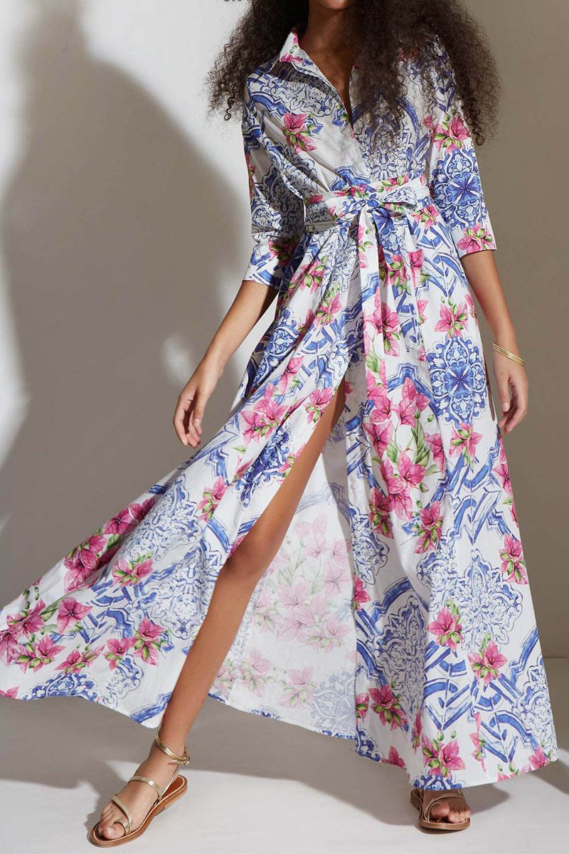 Printed Belt Maxi ShirtDress