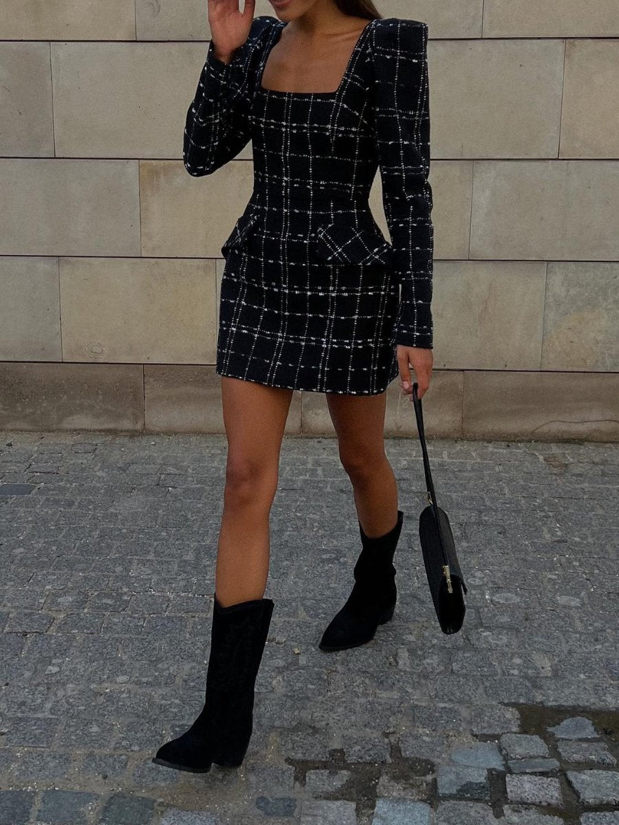 Fashion Square Collar Plaid Long Sleeve Dress