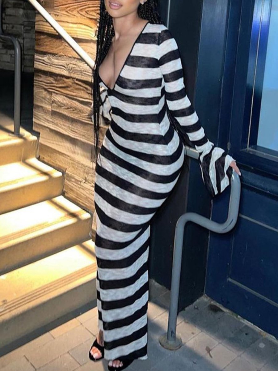 Fashion Sexy Striped Print Backless Dress