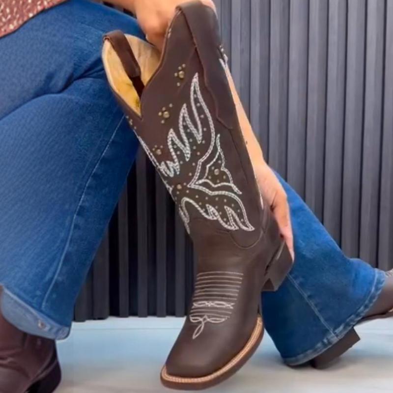 Women's Western Embroidere Square Toe Cowgirl Brown Boots