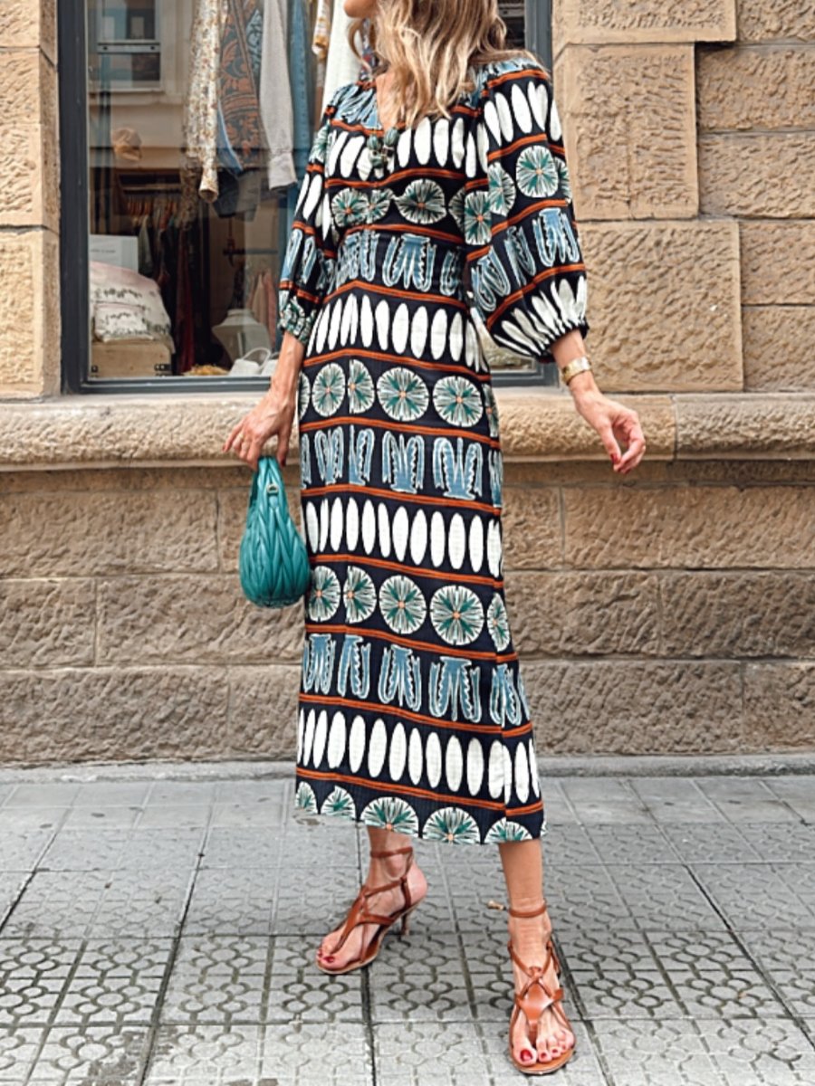 V-neck Elegant Printed Midi Dress