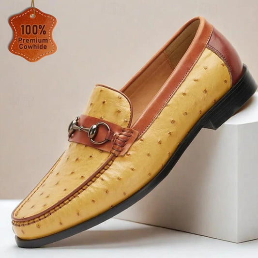 Men's Yellow And Brown Leather Loafers With Metal Bit Detail (Buy 2 Pce Free Shipping✔)