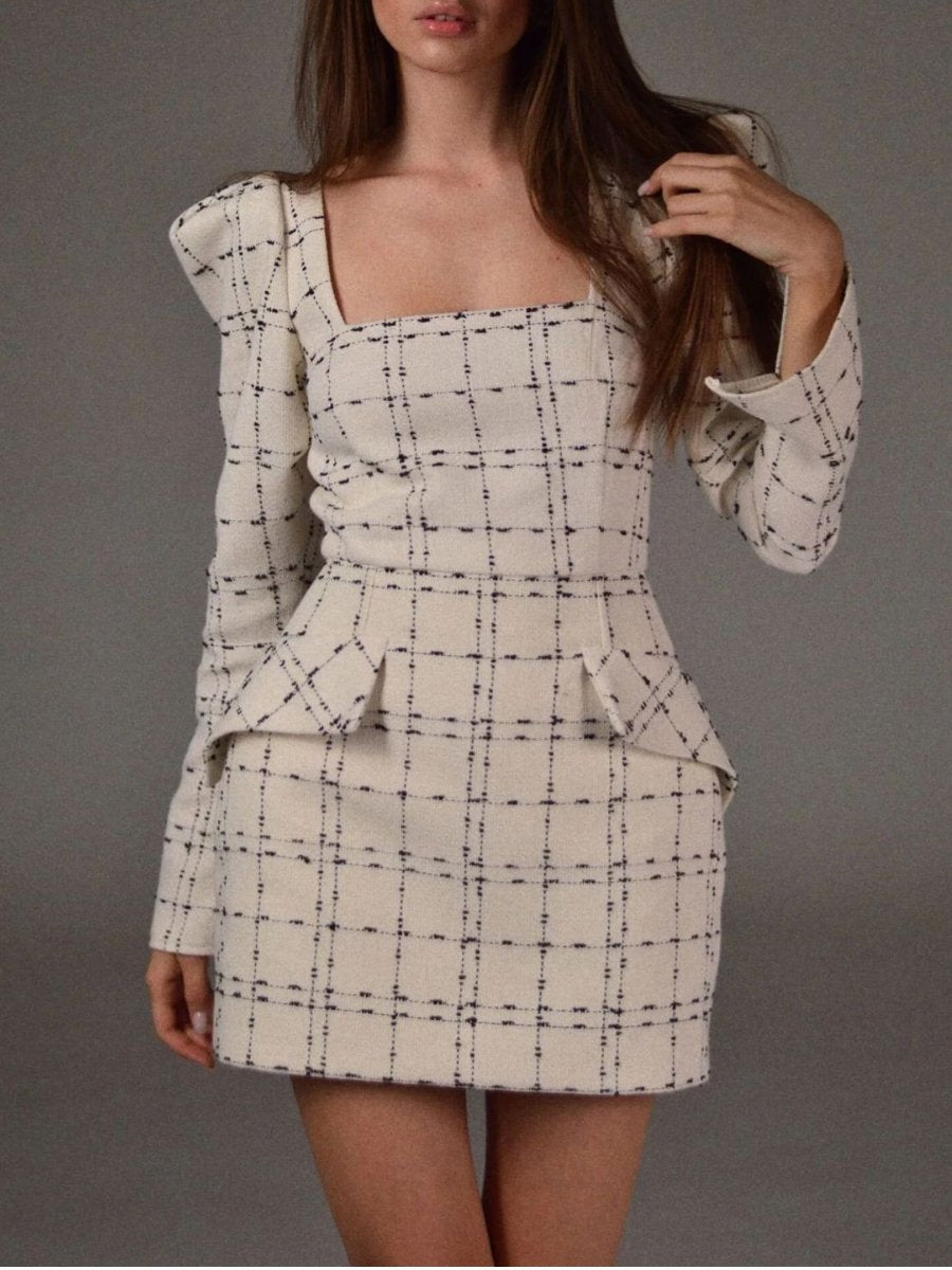 Fashion Square Collar Plaid Long Sleeve Dress