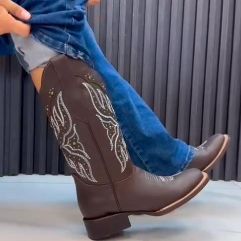 Women's Western Embroidere Square Toe Cowgirl Brown Boots