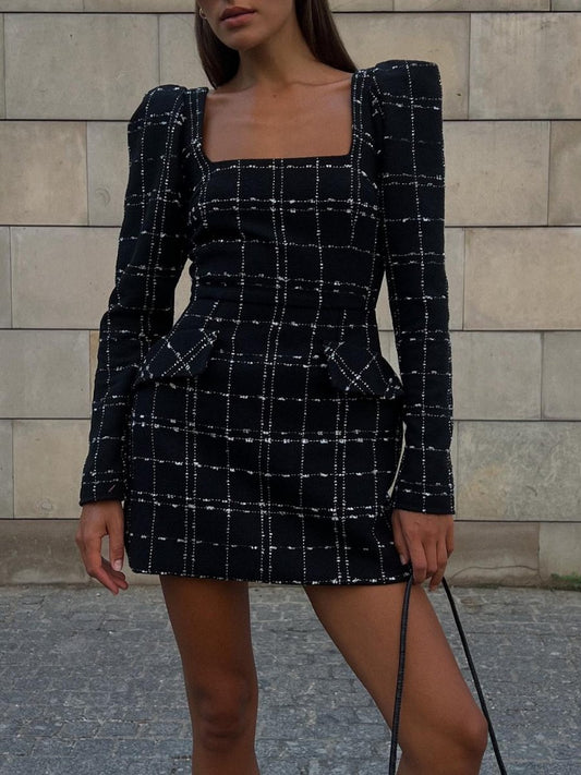 Fashion Square Collar Plaid Long Sleeve Dress